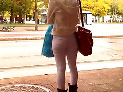 Asian train stop chick booty grasp