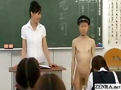 New Japanese transfer college girl goes naked in school CFNM style