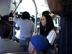 Brunette babe is groped then squirts on a Japanese bus