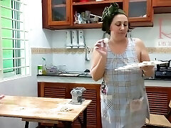 Ravioli Time! Bare Cooking. Regina Noir, a nudist cook at nudist hotel resort. Nude maid. Naked hou