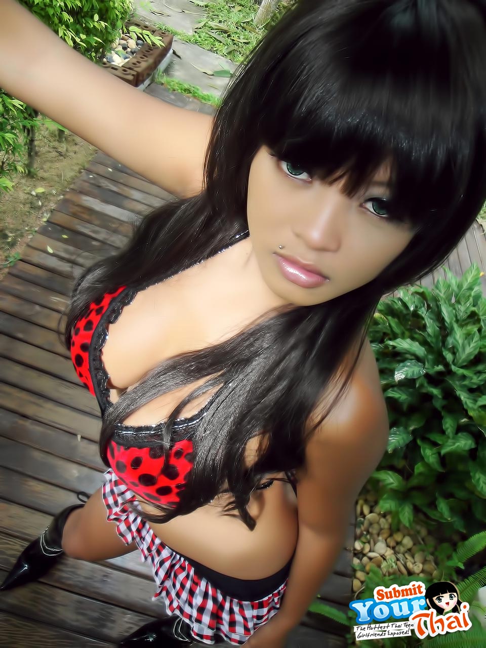 Big tit Thai girlfriend stripping and posing outdoors