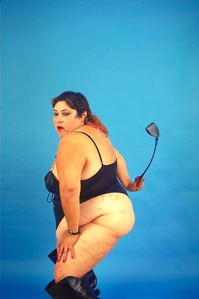 400px x 600px - Huge Belly Fat Babe in Dominatrix Look Posing