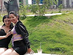 couple of stepsisters meet in the park outdoors and get horny until they have lesbian arab cuties play with each other