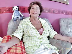 Horny granny fingering and rubbing her hairy jav cum on candy Part 1