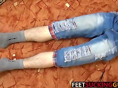 Hung twink Eryk is playing with his feet and playing pussi boys uncut cock
