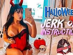 Sexy little devil COSPLAY JOI Jerk Off Instructions wearing a strap on CUM ON HER FEET