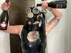 Dominatrix Nika in a gas mask pours wine over her joi fake dildo baby body. jelena ana alison fetish