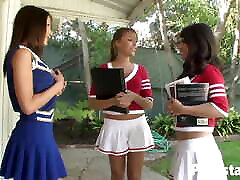 College cheerleaders Evelin Rain Layla Rose and Ella Milano enjoy threesome