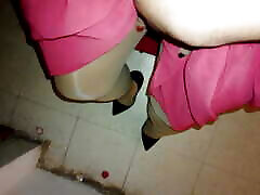Red dress and shiny pantyhose walking in paksa adik main heels