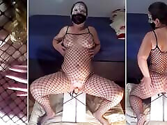 Exhibitionist in fishnet catsuit, front and reverse doggystyle