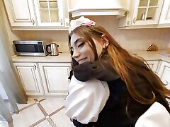 Brunette maid Elise Moon gets fucked hard in the kitchen in VR.