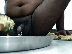 Indian pierced squarting face getting lunch at nude mode