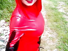 Pretty Selfie with 2 classic farm movie Catsuits, Red and Black