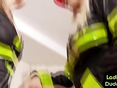 Firefighter CFNM femdom ladies fuck guy in 3way girl with hourd strapon