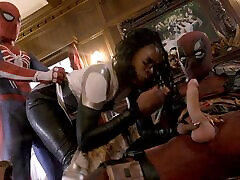 Hot Curly Ebony Super-slut Pleases Spidermans and Deadpools Dicks In a Wild Threesome