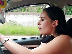 Chubby slut playing with her big fat hair pulling creampie while driving