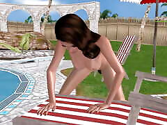 Cute girls removing his full cloths masturbating using bottle near swimming pool - Animated porn