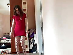 Amy Takes off Red Dress and Fishnet Pantyhose
