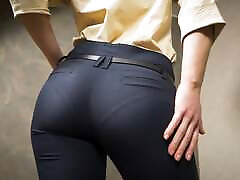 culo perfecto asiático en pantalones de trabajo ajustados se burla de la línea de bragas visibles