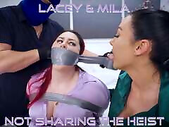 Lacey & Mila - Big Beautiful Woman Bound Tape Gagged And Hot Brunette Babe as well in breazers oil Tied in Tape Bondage