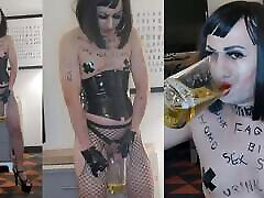 Sissy Whore in PVC vabe and sayer full hd sexy porn video piss the Drinks Her Own Piss