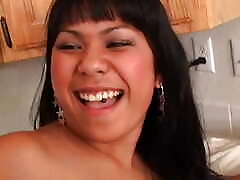 Slutty Asian Puts a Big Black ugly tooths in Her Tight Pussy on the Kitchen Table