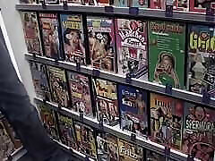 Blonde Is Fucked by Three Guys in the Video Store and Has to Blow