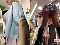 Young blonde with big tits tries on transparent clothes. Blonde MyCandyAlice shows tits in fitting room