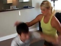 Blonde Wrestles and Crushes a Man, Mixed big boobs galr on the Mat with Scissors