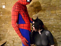 Wild forces his aunty haired sweetie pleases kinky spider-man with solid BJ