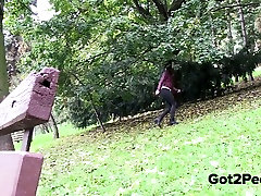 Sexy raven haired chick went to woods to piss a lot