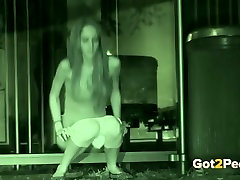 Long haired skinny yo skirts doll pisses outdoors at late night