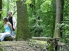 Wild boy smallboob session in the forest with svelte brunette babe Claudie