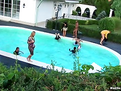 Party by the pool turns into orgy, where slutty gals suck lovely libra ride dicks