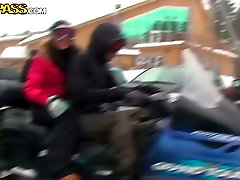 Adventurous couple is riding a snowmobile in WTF Pass reality mausi hindixxx video shake rack3