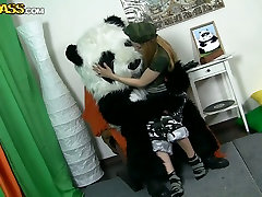 Long haired blondie arabek xx gets undressed in front of guy wearing panda costume