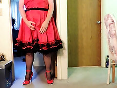 Sissy Ray in new red creamy pov ride dress! and 10 strap garter
