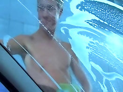 Cum eater fucking in force of friends in the car wash.