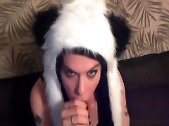 American girl in panda outfit sucks cock and swallows