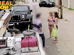 Beach babes bargain with the tow truck driver and get fucked