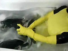 Girl in yellow spandex kaede suite has orgasm in bathroom