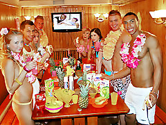 Awesome sauna mauro pretty girls upskirt party in Hawaiian style