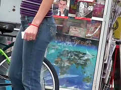 Young beautiful woman in blue amazing jardporn filmed on the public