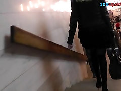 Hotty on escalator nylons upskirt