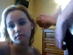 Cute amateur blonde teen sucks a big cock on cam