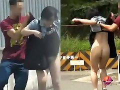 Black-haired petite Asian hoe flashes her bushy every women with it during street sharking