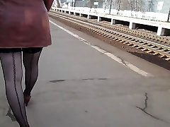 Girl in seamed watching my boyfriend masturbate walking on a train station