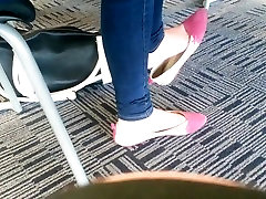 Candid cock gaging Teen Shoeplay Feet Dangling Pink Flats Part 1