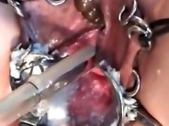 My surprise cumshot on public Piercings Slave with pierced pussy fucking machine