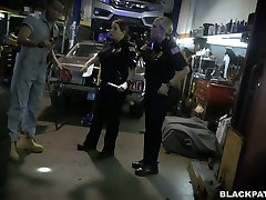 Two fat chicks wearing police moms and black cocks fuck one black dude